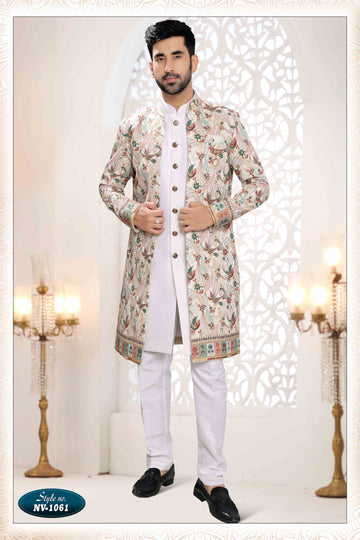 Embroidered Art Silk Sherwani in Off White