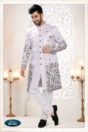 Embroidered Art Silk Sherwani in Off White