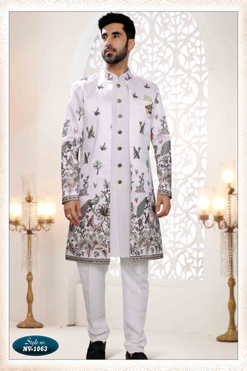 Embroidered Art Silk Sherwani in Off White