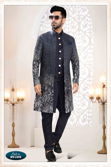 Embroidered Art Silk Sherwani in Off Blue