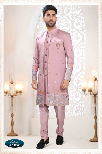 Embroidered Art Silk Sherwani in Off Pink