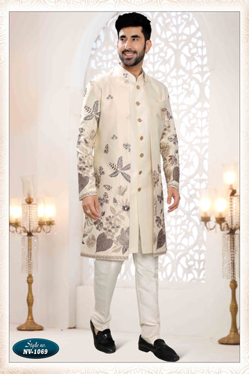 Embroidered Art Silk Sherwani in Off Cream