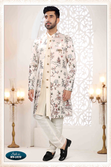 Embroidered Art Silk Sherwani in Off Cream