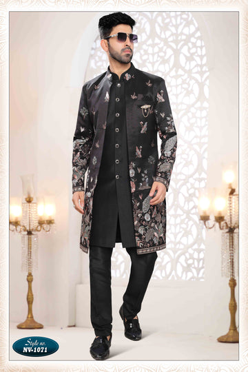 Embroidered Art Silk Sherwani in Off Black