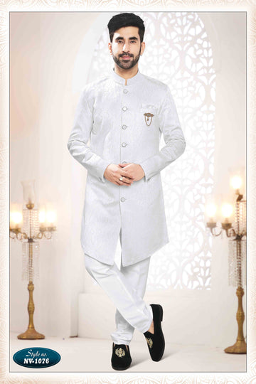 Woven Art Silk Jacquard Sherwani in Off White