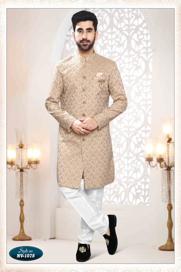 Embroidered Linen Sherwani in Beige