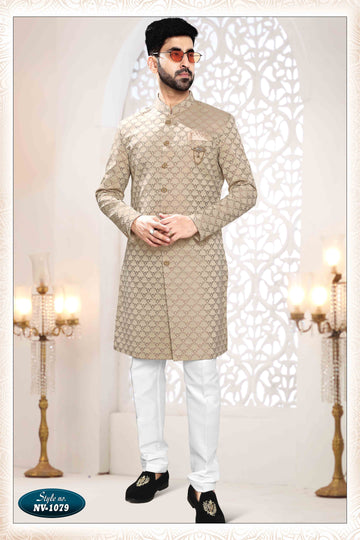 Woven Art Silk Jacquard Sherwani in gold