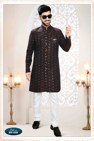 Woven Art Silk Jacquard Sherwani in maroon