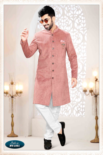 Suede Velvet Shervani In Pink