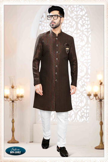 Woven Art Silk Jacquard Sherwani In Brown