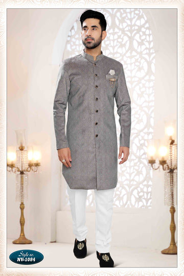 Suede Velvet Shervani In Grey