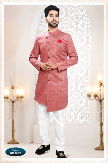 Suede Velvet Shervani In Red