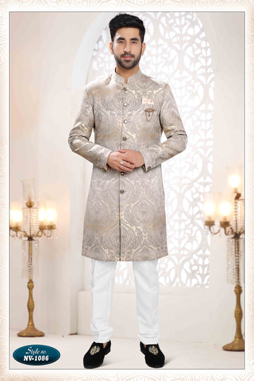 Woven Art Silk Jacquard Sherwani In Gold & Grey