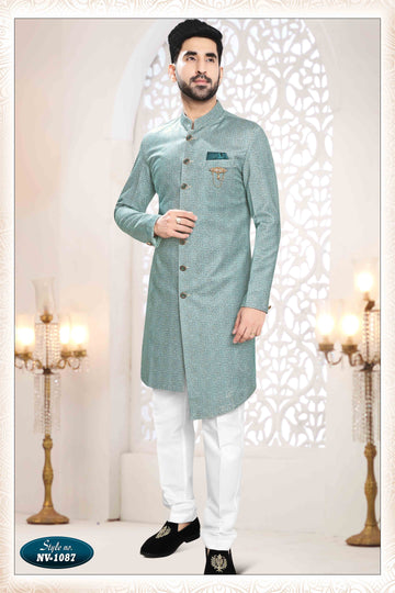 Suede Velvet Shervani In Blue