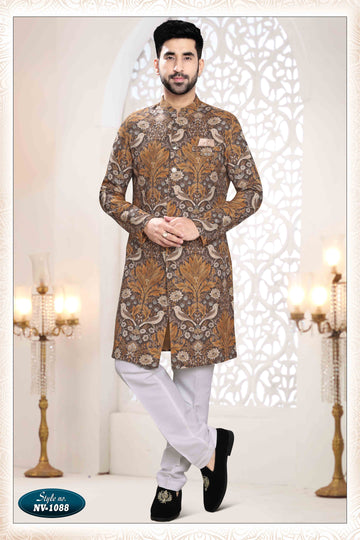 Printed Linen Sherwani In Brown