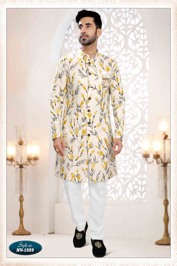 Printed Linen Sherwani In Cream