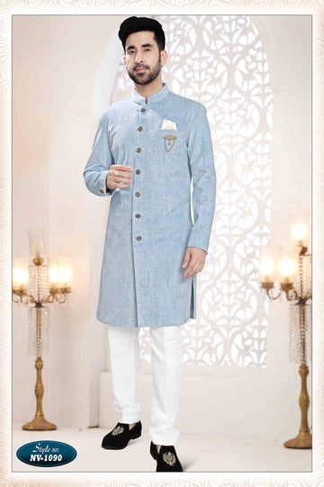 Suede Velvet Shervani In Blue