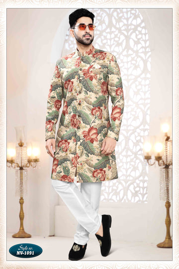 Printed Linen Sherwani In Beige