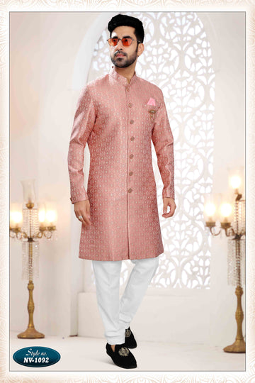 Woven Art Silk Jacquard Sherwani In Pink