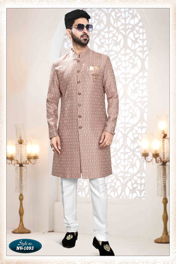 Woven Art Silk Jacquard Sherwani In Onion Pink