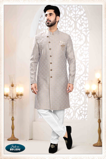 Woven Art Silk Jacquard Sherwani In Blue
