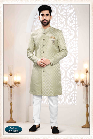 Woven Art Silk Jacquard Sherwani In Green