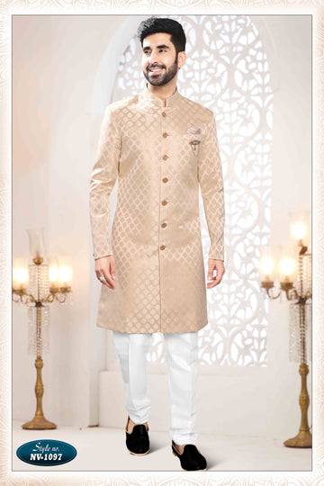 Woven Art Silk Jacquard Sherwani In Cream