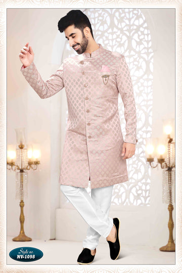 Woven Art Silk Jacquard Sherwani In Pink