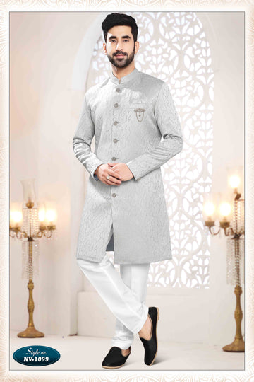 Woven Art Silk Jacquard Sherwani In Grey