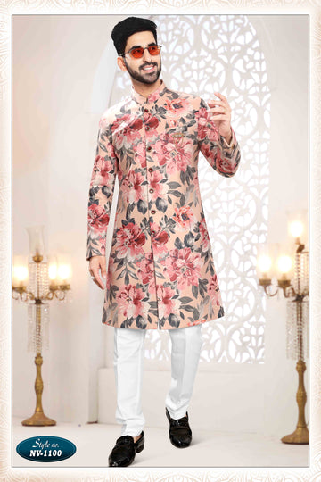 Printed Suede Velvet Shervani In Peach