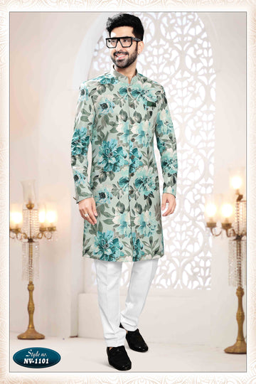 Printed Suede Velvet Shervani In Bluish Grey