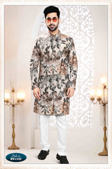 Printed Suede Velvet Shervani In Cream