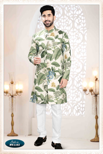 Printed Linen Sherwani In Cream