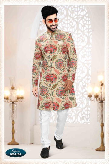 Printed Linen Sherwani In Beige