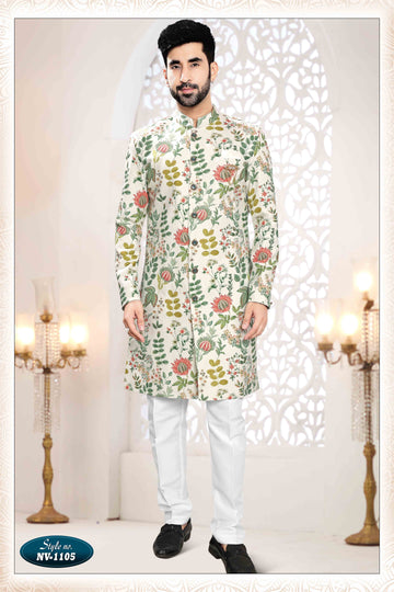 Printed Linen Sherwani In Cream
