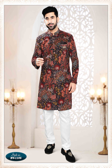Printed Black Sherwani In Suede