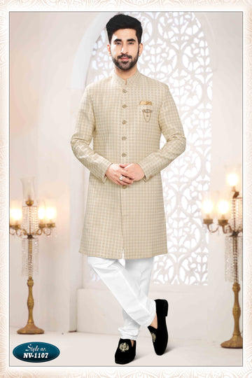 Woven Art Silk Jacquard Sherwani In Cream