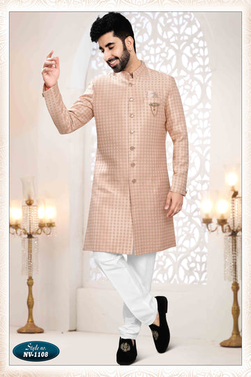 Woven Art Silk Jacquard Sherwani In Pink