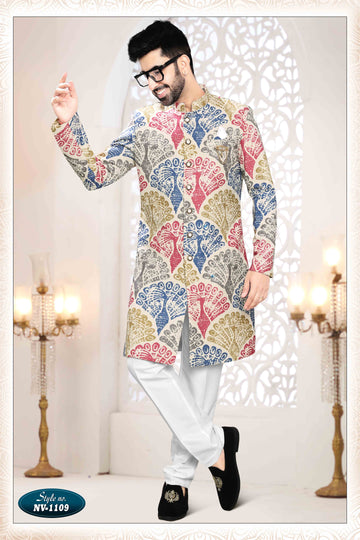 Printed Linen Sherwani In Cream