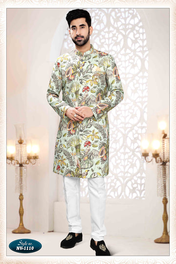 Printed Linen Sherwani In Green