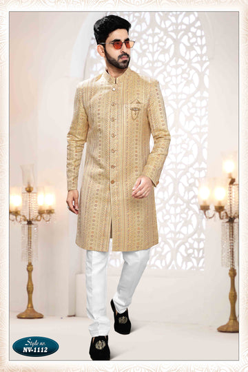 Woven Art Silk Jacquard Sherwani in YELLOW