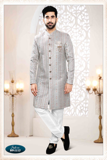 Woven Art Silk Jacquard Sherwani in Grey