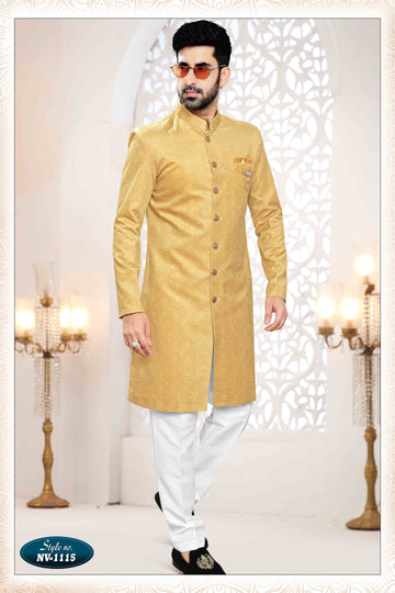 Woven SUEDE Sherwani in YELLOW