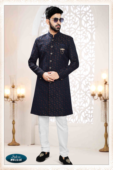 Woven Art Silk Jacquard Sherwani in Blue