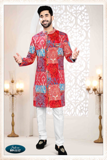 Suede Velvet Sherwani in Red