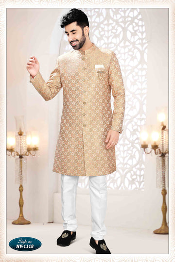 Woven Art Silk Jacquard Sherwani in Peach