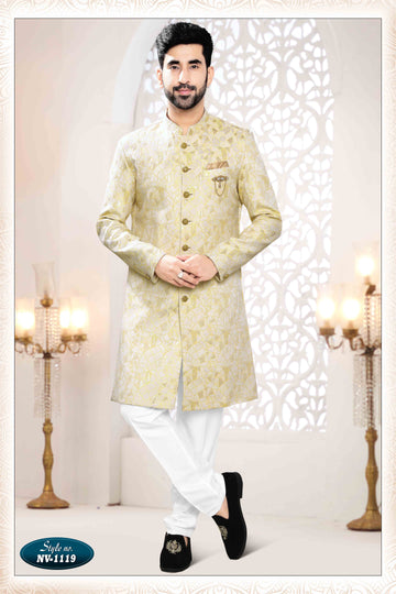 Woven Art Silk Jacquard Sherwani in YELLOW