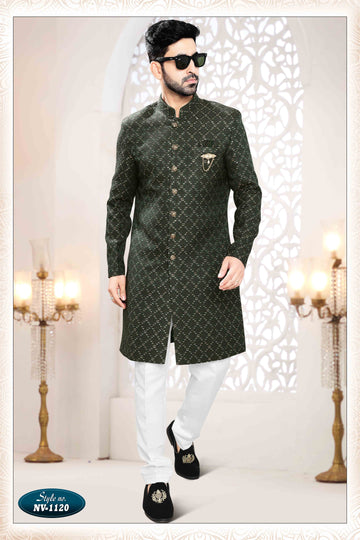Woven Art Silk Jacquard Sherwani in Green