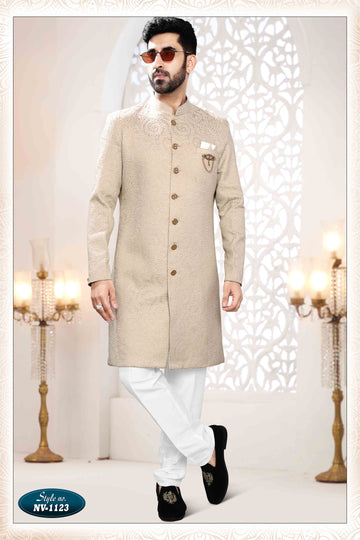 Woven Art Silk Jacquard Sherwani in GOLDEN
