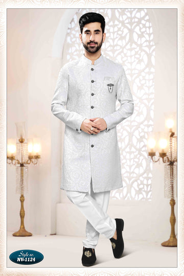 Woven Art Silk Jacquard Sherwani in WHITE